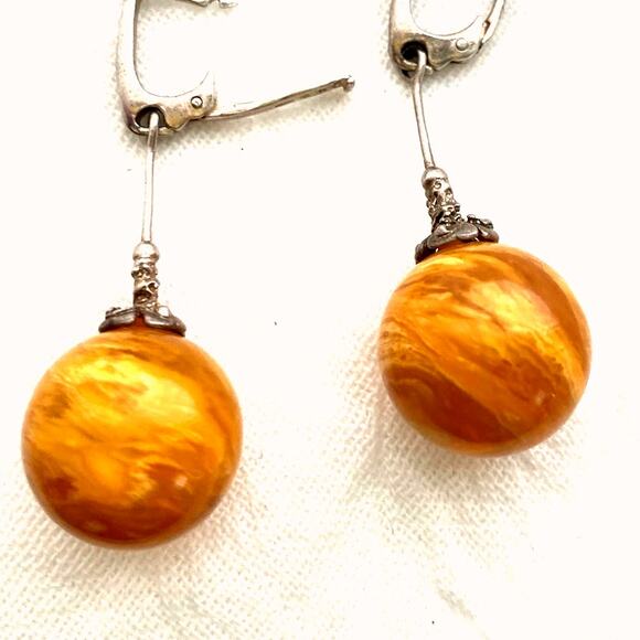 Vintage Baltic Amber Drop Earrings Honey amber Orb dangle sterling silver - Picture 6 of 9